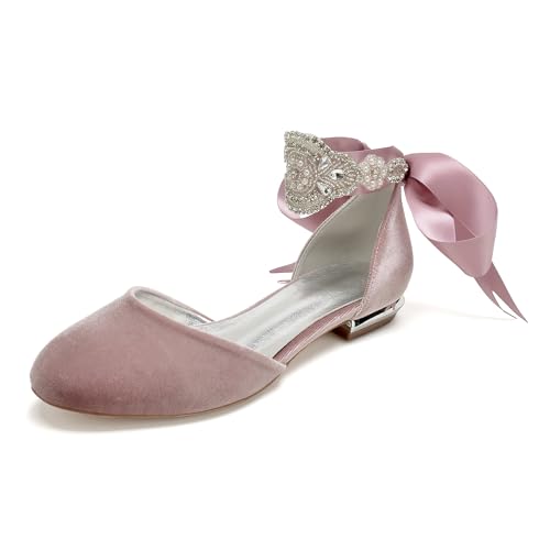 Damen Spitz zulaufende Satin Hochzeitsschuhe Flache Sandalen Glitzernde Strasssteine Knöchelriemen Low Heel Dress Schuhe,Rosa,36 EU von FADUNI