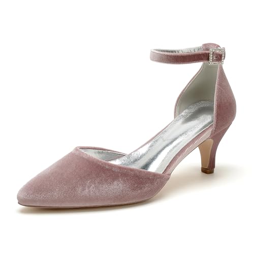 Damen Spitze Zehe Kitten Heels Satin Braut Pumps Knöchelriemen Brautkleid Hochzeitsschuhe für Frauen,Rosa,36 EU von FADUNI