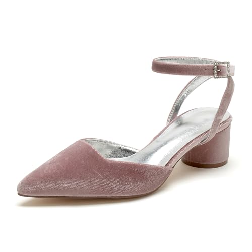 FADUNI Damen Hofschuhe mit Knöchelriemen Chunky Heel Spitze Zehensandalen Braut Party Arbeitskleid Schuhe,Rosa,36 EU von FADUNI