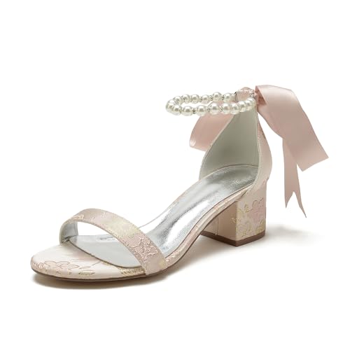 Frauen Offene Runde Zehe Brautschuhe Chunky Heel Ankle Strap Damen Kleid Schuhe für Hochzeit,Rosa,40 EU von FADUNI