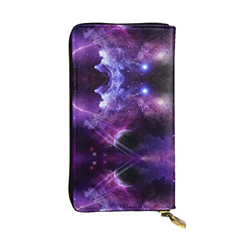 FAIRAH Rustikale antike Holztür bedruckte Ledergeldbörse, Kreditkartenetui mit Reißverschluss, Unisex-Version, Galaxy Starry Space Purple Starry, Einheitsgröße von FAIRAH