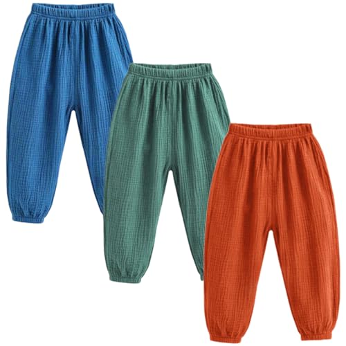 3 Pack of Kinder Mädchen Jungen Sommer Baumwoll Drucken Leinenhose Pumphose Elastische Lässige Anti-Moskito Jogginghose Lässige Pants Hose von FAIRYRAIN