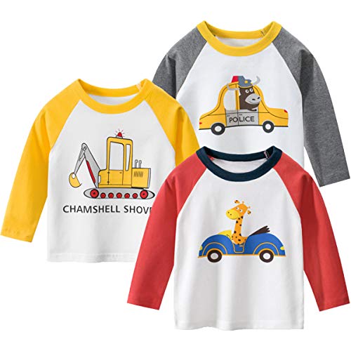 3er Pack Baby Kinder Jungen Rundhals Langarmshirt Baumwolle Shirt Cartoon Dinosaurier Wagen Drucken T-Shirt Tops 130 von FAIRYRAIN