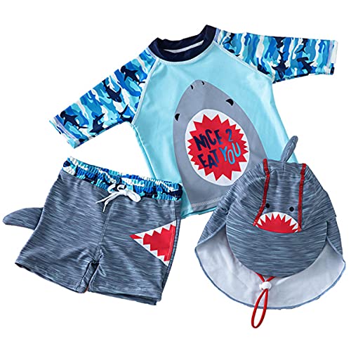 Baby Junge Cartoon Hai Zwei Stück Badeanzug Top+Badeshorts+Hut Uv-Schutz Schützend Schwimmanzug für Wassersport von FAIRYRAIN