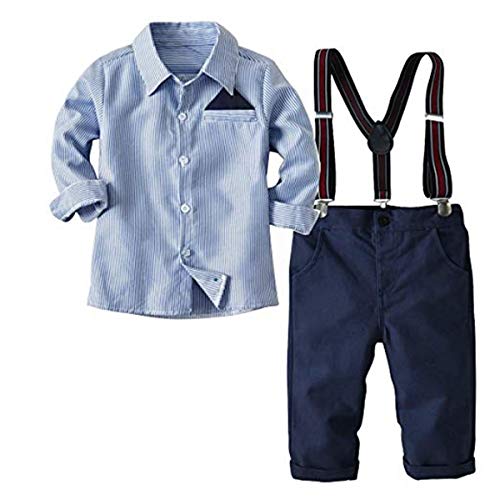 FAIRYRAIN 2-Teiliges Kleinkind Jungen Babyanzug Gentleman Kinder Langarm Hemd + Hose mit Träger Anzug Kleidung Set, Blau, EU:98 von FAIRYRAIN