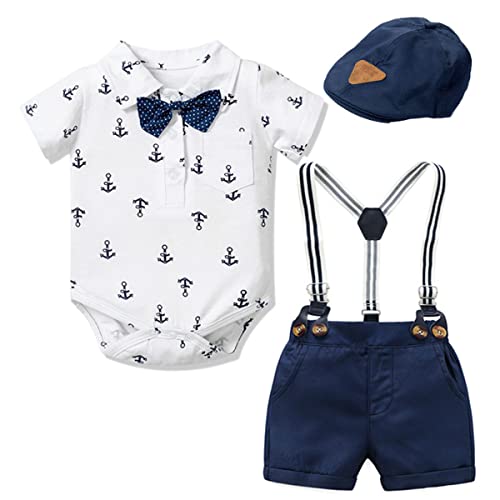 FAIRYRAIN 3tlg Baby Kinder Jungen Sommer Kurzarm Bekleidungssets Gentleman Weiß Anker Print Strampler + Mütze+ Hosenträger Shorts Anzug Kleidung Set von FAIRYRAIN