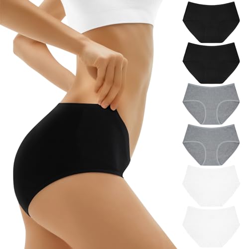 FALARY Damen Unterwäsche Damen Unterhosen Baumwoll Slip Damen Mehrpack Bauch Weg Frauen Hipster Taillenslip Damen Panties Sport Atmungsaktiv XL Schwarz Weiß Grau von FALARY