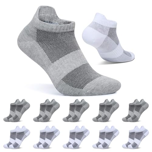 FALARY Sportsocken Damen 35-38 Sneaker Socken Herren Weiß Grau Kurze Socken 10 Paar Baumwolle Atmungsaktive Laufsocken Unisex von FALARY