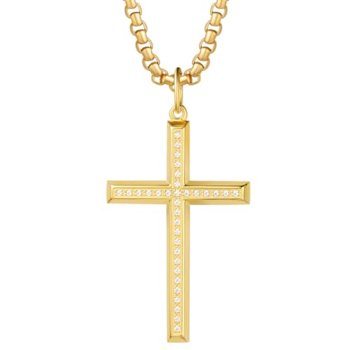 FANCIME 925 Sterling Silber Gelb Vergoldet Kreuz Anhänger mit Rundschliff Funkelnde Zirkonia Halskette mit Edelstahl Kette für Herren Jungs Kinder - Kettenlänge: 60 cm von FANCIME