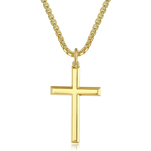 FANCIME 925 Sterling Silber Gold Vergoldet Kreuz Anhänger Poliert mit Edelstahl Kette für Herren Jungs Kinder - Kettenlänge: 61 cm von FANCIME