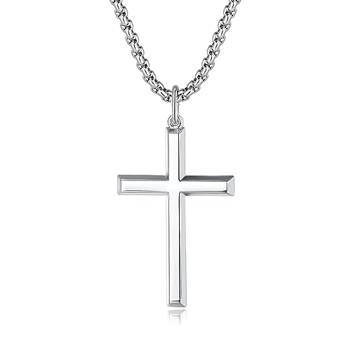 FANCIME 925 Sterling Silber Weiß Vergoldet Kreuz Anhänger Poliert mit Edelstahl Kette für Herren Jungs Kinder - Kettenlänge: 61 cm von FANCIME