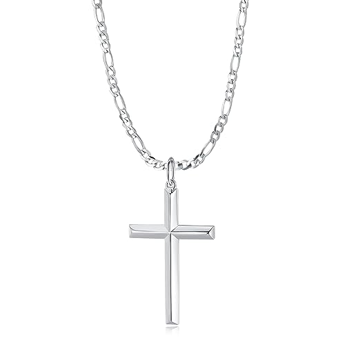 FANCIME Herren Kette aus 925 Sterling Silber Gelb Gold Vergoldet Poliert Kreuz Anhänger mit Figaro Panzerkette, Hip-Hop Halskette Schmuck Geschenk für Ihn Jungs Kinder - Kettenlänge: 60 cm von FANCIME