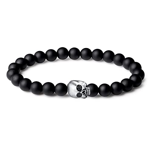 FANCIME Perlenarmband Herren, Schwarz Armband Herren mit 8mm Obsidian Perlen und 925 Sliber Schädel Anhänger, Elastisches Kugel Armband Herren, Geschenk für Männer von FANCIME