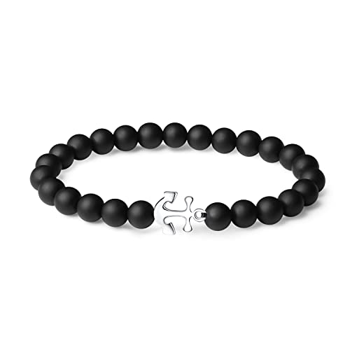 FANCIME Perlenarmband Herren, Schwarz Armband Herren mit 8mm Obsidian Perlen und 925 Sliber Anker Anhänger, Elastisches Kugel Armband Herren, Geschenk für Männer von FANCIME