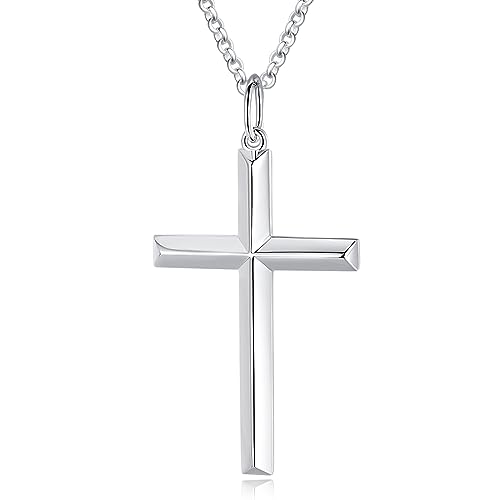 Solide 925 Sterling Silber mit Weiß Vergoldet Kreuz Anhänger mit Silber Kette für Herren Jungs Kinder - Kettenlänge: 60 cm von FANCIME