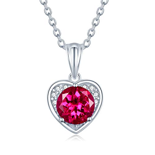 Synthetisch Rubin Kette für Damen aus 925 Sterling Silber Juli Geburtsstein Rot Ruby Herz Anhänger Halskette Schmuck für Frauen Kinder - Kettenlänge: 40+5 cm von FANCIME