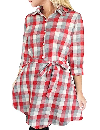 FANCYINN Blusenkleid Damen Weihnachtskleid Kariert Langarm Weihnachten Hemdkleid Gestreift Kleid Lässige Kleidung mit Gürtel Frauen Weihnachtsoutfit für Party Rot Weiß Grau M FANCYINN Blusenkleid Damen Weihnachtskleid Kariert Langarm Weihnachten Hemdkleid Gestreift Kleid Lässige Kleidung mit Gürtel Frauen Weihnachtsoutfit für Party Rot Weiß Grau M von FANCYINN