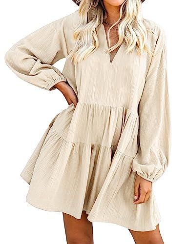 FANCYINN Damen Rüschen Glockenärmel Etuikleid Babydoll Leinen Casual Minikleid mit Taschen Langarm Aprikose XS von FANCYINN