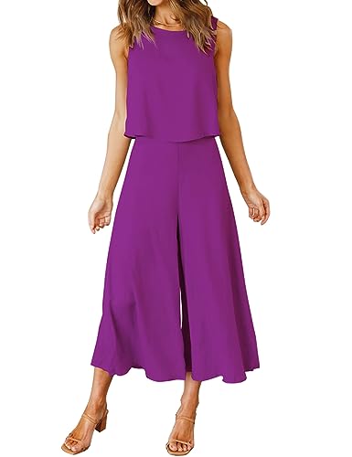 FANCYINN Damen Sommer 2-teiliges Outfit ärmellos Rundhals Tanktop gekürzte Weite Beinhose Lila Rot XS FANCYINN Damen Sommer 2-teiliges Outfit ärmellos Rundhals Tanktop gekürzte Weite Beinhose Lila Rot XS von FANCYINN