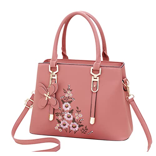 FANDARE Damen Henkeltaschen Wasserdicht Tote Beutel Umhängetaschen Schultertasche PU-Leder Bestickte Handtasche für Reisen Einkaufen Arbeiten Rosa von FANDARE