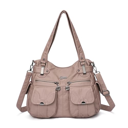 FANDARE Groß Schultertasche Damen Umhängetasche Frauen Vintage Schulranzen Wasserdicht PU Leder Women Purse für Shopper Reisen Arbeitstasche Messenger Hobo Bags Rosa von FANDARE