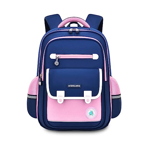 FANDARE Kinderrucksack Schulranzen für 4-9 Grad Mädchen Junge Schulrucksack Britischer Stil Büchertaschen für Grund-, Mittel schüler Rucksack Hochschule Schultertasche Reisen Daypacks Blau Rosa L von FANDARE