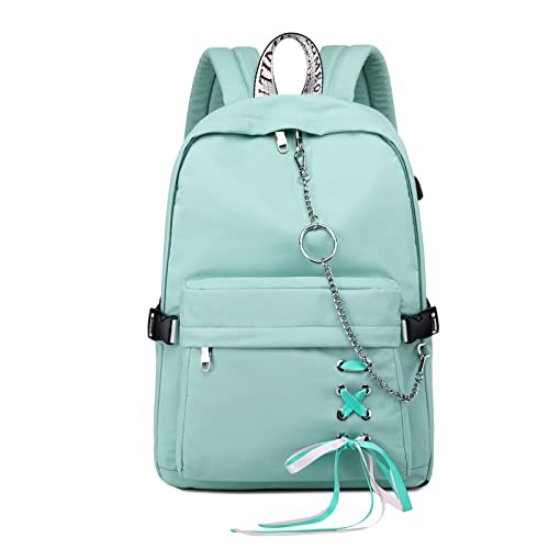 FANDARE Lässig Schulranzen Schulrucksack Schultaschen Daypack mit USB-Ladeanschluss Mädchen Teens Schultasche mit süßem Band für Schüler Reise Rucksack Damen Schultasche Grün M von FANDARE