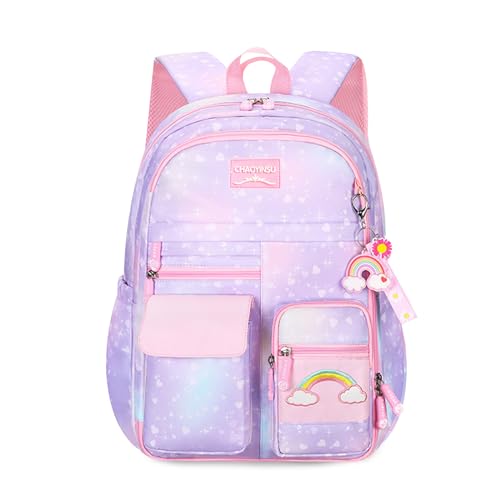 FANDARE Niedlich Kinderrucksack Schulranzen mit Brustgurt Kinder Mädchen Junge Schultertasche Kindertasche Schulrucksack Kindergartentasche mit Reflektierender Streifen Daypacks Galaxie Lila A von FANDARE