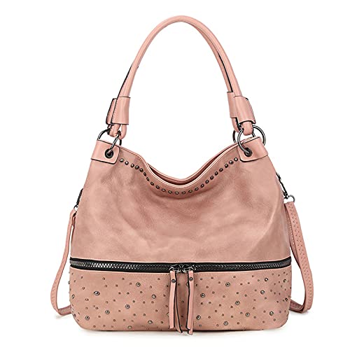 FANDARE Retro Handtaschen Damen Schultertasche Umhängetasche Frauen PU Leder Wasserdicht Tragetasche große Kapazität Niet für 12.9 Zoll Laptoptasche Crossbody Shopper Reisen Arbeitstasche Pink von FANDARE