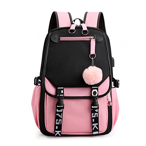 FANDARE Schulrucksack Mädchen Schulranzen Jungen Schultasche mit USB-Ladeanschluss Teenager Daypacks für Damen Universität Reisen Ergonomischer Kinder Schultasche mit Haarballen-Anhänger Schwarz Rosa von FANDARE