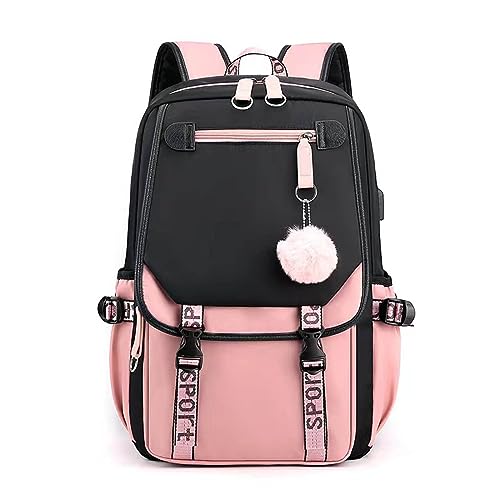 FANDARE Schulrucksack Mädchen Schulranzen Jungen Schultasche mit USB-Ladeanschluss Teenager Daypacks für Universität Reisen Ergonomischer Kinder Schultasche mit Haarballen-Anhänger Schwarz Rosa A von FANDARE