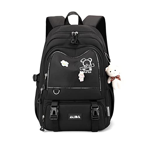 FANDARE Schulrucksack Schulrucksack Kinderrucksack Schultasche Jungen Mädchen Rucksack Schulranzen für Outdoor Reise Daypacks Freizeitrucksack Rucksack mit Plüsch Anhänger Wasserdicht Nylon Schwarz von FANDARE