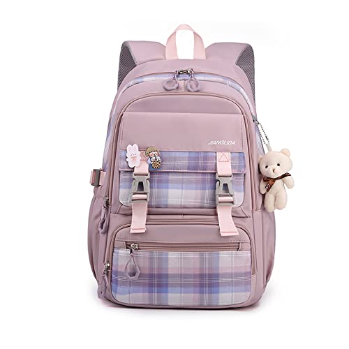 FANDARE Schulrucksack Schulrucksack Schultasche Herren Damen Rucksack Schulranzen für Outdoor Reise Daypacks Freizeitrucksack Rucksack mit Plüschanhänger & Nettes Abzeichen Wasserdicht Nylon Violett von FANDARE