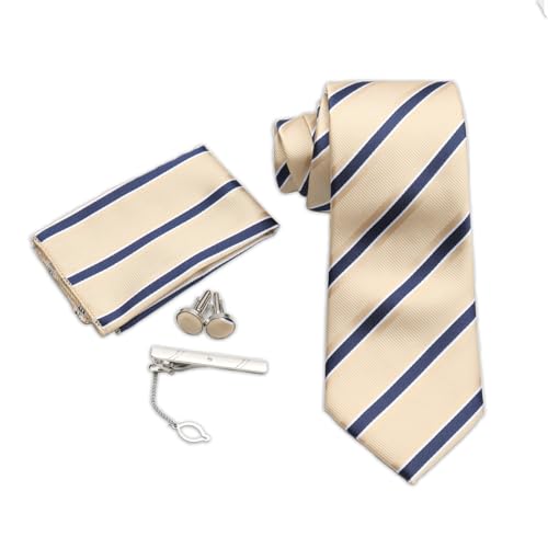 FANGCCC Krawatten für Herren Business Krawatte mit Einstecktuch Manschettenknopf Krawattenklammer Seide Streifen Karierte Krawatten Set Hochzeit Formell (Orange-blaue Streifen) von FANGCCC