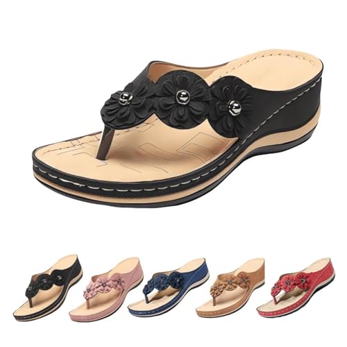 FANOIES Orthopädische Damen-Sandalen mit Fußgewölbeunterstützung, Blumen, Clip-Toe, bequeme Plateau-Sandalen, Schuhe, lässige Flops, Hausschuhe, Schwarz , 37 EU von FANOIES