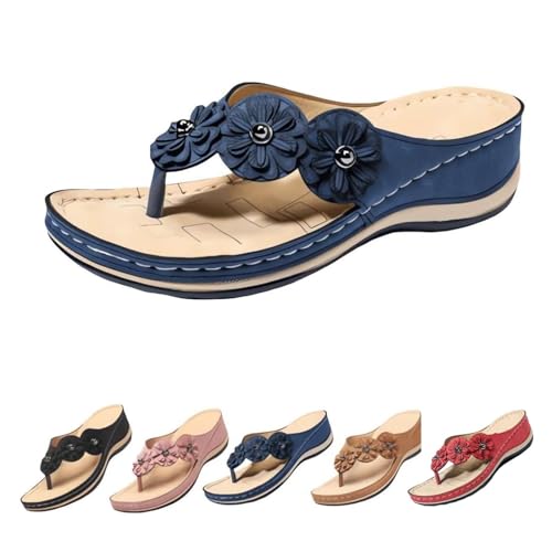 FANOIES Orthopädische Damen-Sandalen mit Fußgewölbeunterstützung, Blumen, Clip-Toe, bequeme Plateau-Sandalen, Schuhe, lässige Flops, Hausschuhe, blau, 35 EU von FANOIES