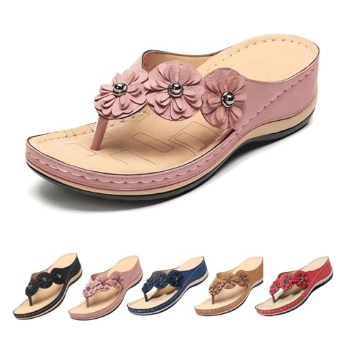 FANOIES Orthopädische Damen-Sandalen mit Fußgewölbeunterstützung, Blumen, Clip-Toe, bequeme Plateau-Sandalen, Schuhe, lässige Flops, Hausschuhe, rose, 35 EU von FANOIES