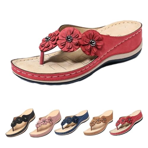 FANOIES Orthopädische Damen-Sandalen mit Fußgewölbeunterstützung, Blumen, Clip-Toe, bequeme Plateau-Sandalen, Schuhe, lässige Flops, Hausschuhe, rot, 35 EU von FANOIES