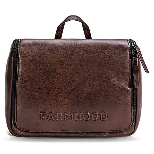 FARMHOOD Memphis Damen/Herren Leder Kulturbeutel | große Kosmetiktasche mit Haken zum Aufhängen | viele Fächer mit Reißverschluss | Beauty-Case 27 cm mit Reißverschluss auf der Rückseite von FARMHOOD