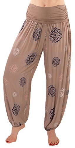 FASHION YOU WANT Damen Sommerhose Pumphose Haremshose mit Blumenmuster Flower Größe 34/36 bis Größe 48/50 verfügbar Leichte Haremshose (46/48, PB (Schlamm)) von FASHION YOU WANT