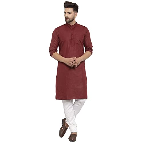 Indische Herren Baumwolle Kurta Pyjama Set Casual Büro Wear Outfit Herren Lang Kurta Set Eid/Diwali Festliche Jungen Party Kleid, kastanienbraun, XL von FASHIONZAADI