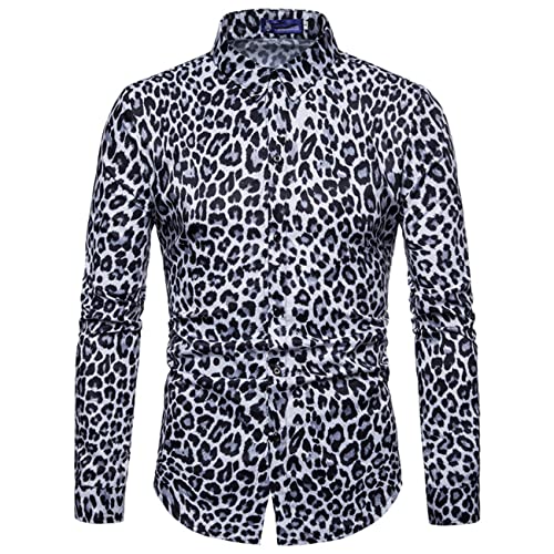 FAWHEWX Herren-Hemd mit Leopardenmuster, langärmlig, Animal-Print, Gepard, lässiges Button-Down-Hemd, Vintage-Stil, Herren-Hemd mit Animal-Print, Button-Down-Langarm, Party-Hemd,(EIN weißer/3XL) von FAWHEWX