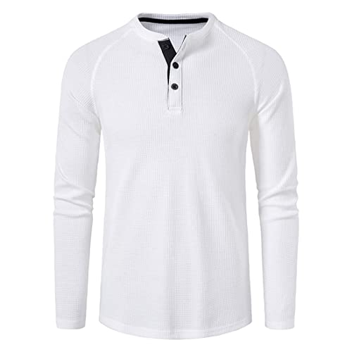 FAWHEWX Herren Langarm-Henley-Hemd mit Waffelmuster, reguläre Passform, Knopf-Henley-Kragen, Langarm-T-Shirt, Frühling und Herbst, Herren-Basic-Langarmshirt, Waffelstrick-Freizeithemd(EIN weißer/L) von FAWHEWX