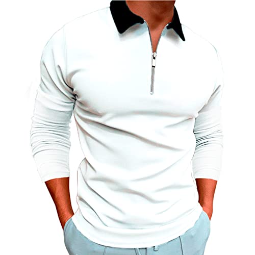 FAWHEWX Herren-Poloshirt mit Reißverschluss, schmale Passform, lässiges Kurzarm-Golfshirt, Kontrast-Sweatshirt, Herren-Langarm-Poloshirt, lässiges Slim-Fit-Basic-Baumwollhemd(EIN weißer/XL) von FAWHEWX