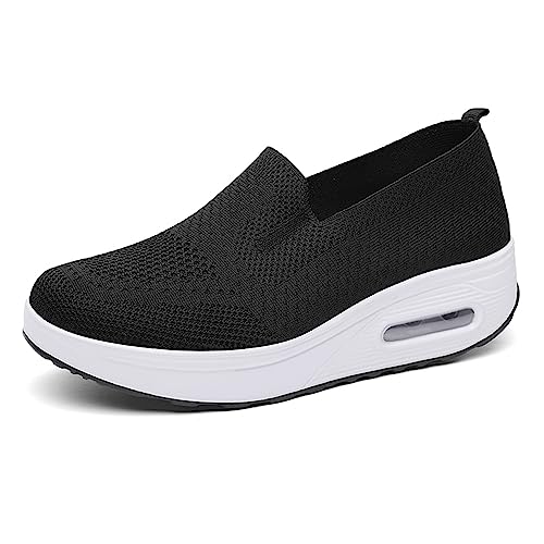 Damen Plateauschuhe Laufschuhe Schlankheitsschuhe Gewicht Luft leicht elastisch Sport Laufen Tennis Yoga zum Überziehen Sportschuh Netzstoff flach Pumps Sommer, Schwarz, 37 EU von FAZEU