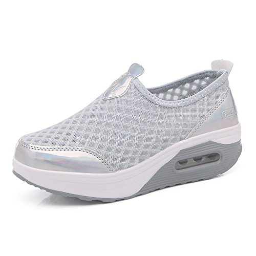 FAZEU Damen Laufschuhe Schlankheitsschuhe Plateauschuhe atmungsaktiv Luftgewicht leicht elastisch Sport Laufen Yoga Tennis zum Überziehen Sportschuh Netzstoff flach Sommer, Grau 1, 35 EU von FAZEU