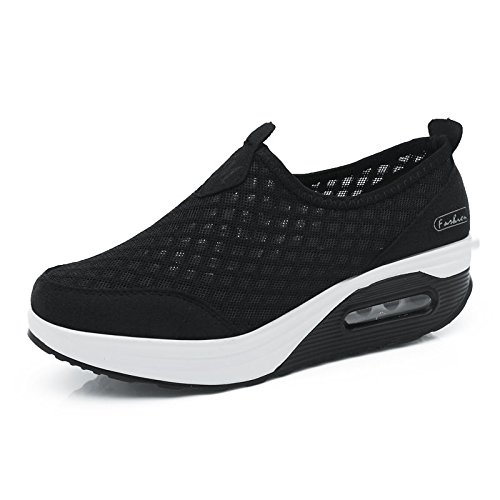 FAZEU Damen Laufschuhe Schlankheitsschuhe Plateauschuhe atmungsaktiv Luftgewicht leicht elastisch Sport Laufen Yoga Tennis zum Überziehen Sportschuh Netzstoff flach Sommer, Schwarz 1, 36 EU von FAZEU