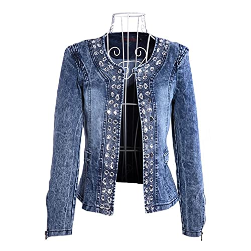 Damen Jeansjacke - Strass Streetwear Fashion Revers Jeans Outwear Für Damen, Einreihig Langarm Damen Herbst Lose Cowboy Tops Mantel Plus Größe S - 2XL,Blau,XXL von FBYDLL