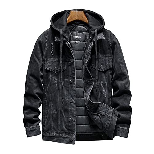 FBYDLL Herren Gefütterte Jeansjacke - Kapuzen Quilting Winter Sherpa Western Cowboy Mantel, Multi-Pocket Tooling Verdicken Trucker Jeans Outwear, Button Down Langarm Übergröße,Schwarz,M von FBYDLL