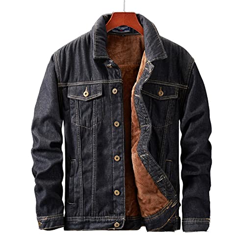 Herren Gefütterte Jeansjacke - Streifen Tooling Winter Sherpa Western Cowboy Mantel, Slim Fit Fleece Verdicken Trucker Jeans Outwear, Button Down Langarm Übergröße,Schwarz,L von FBYDLL